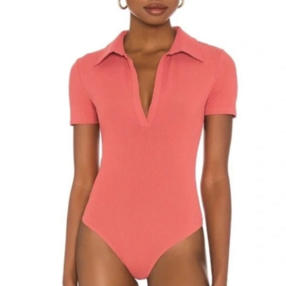 Lovers + Friends Charli Coral-y Pink Ribbed V-Neck Body Suit